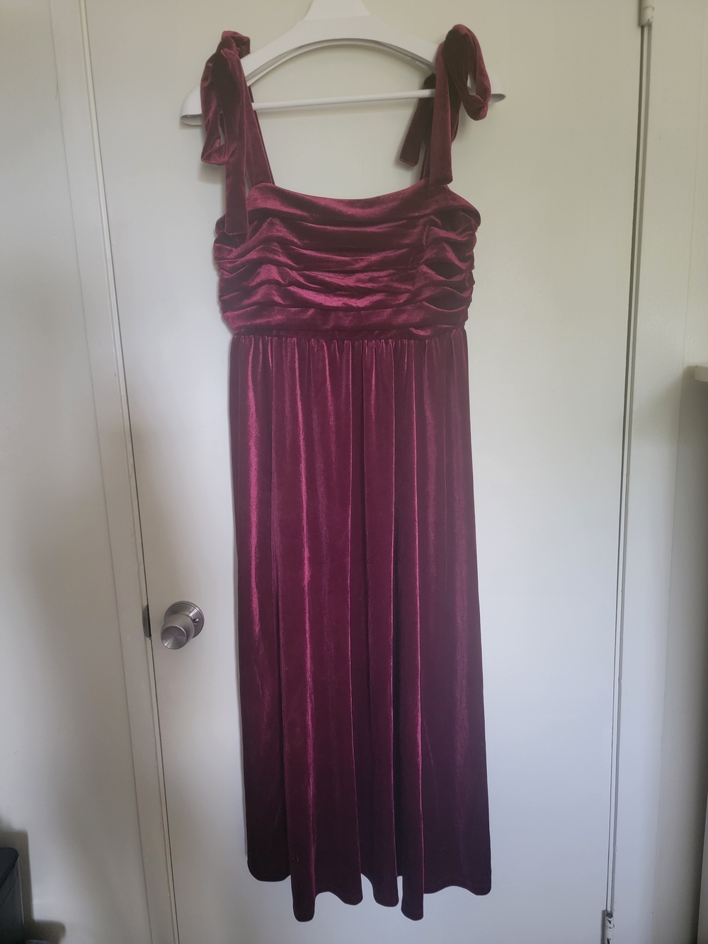 Blu Pepper Wine Red Velvet Maxi Dress with Tie Shoulders